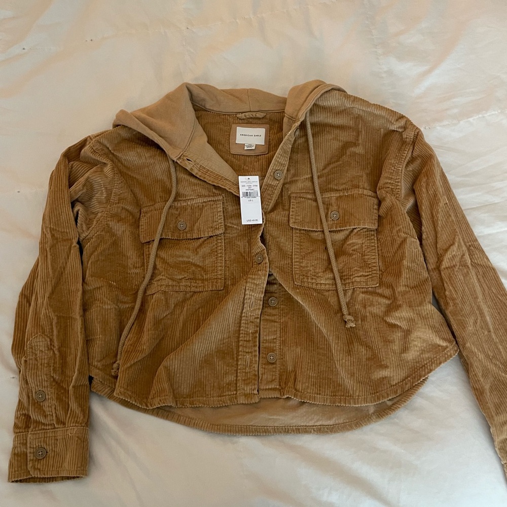 American Eagle Tan Corduroy Cropped Hooded Jacket